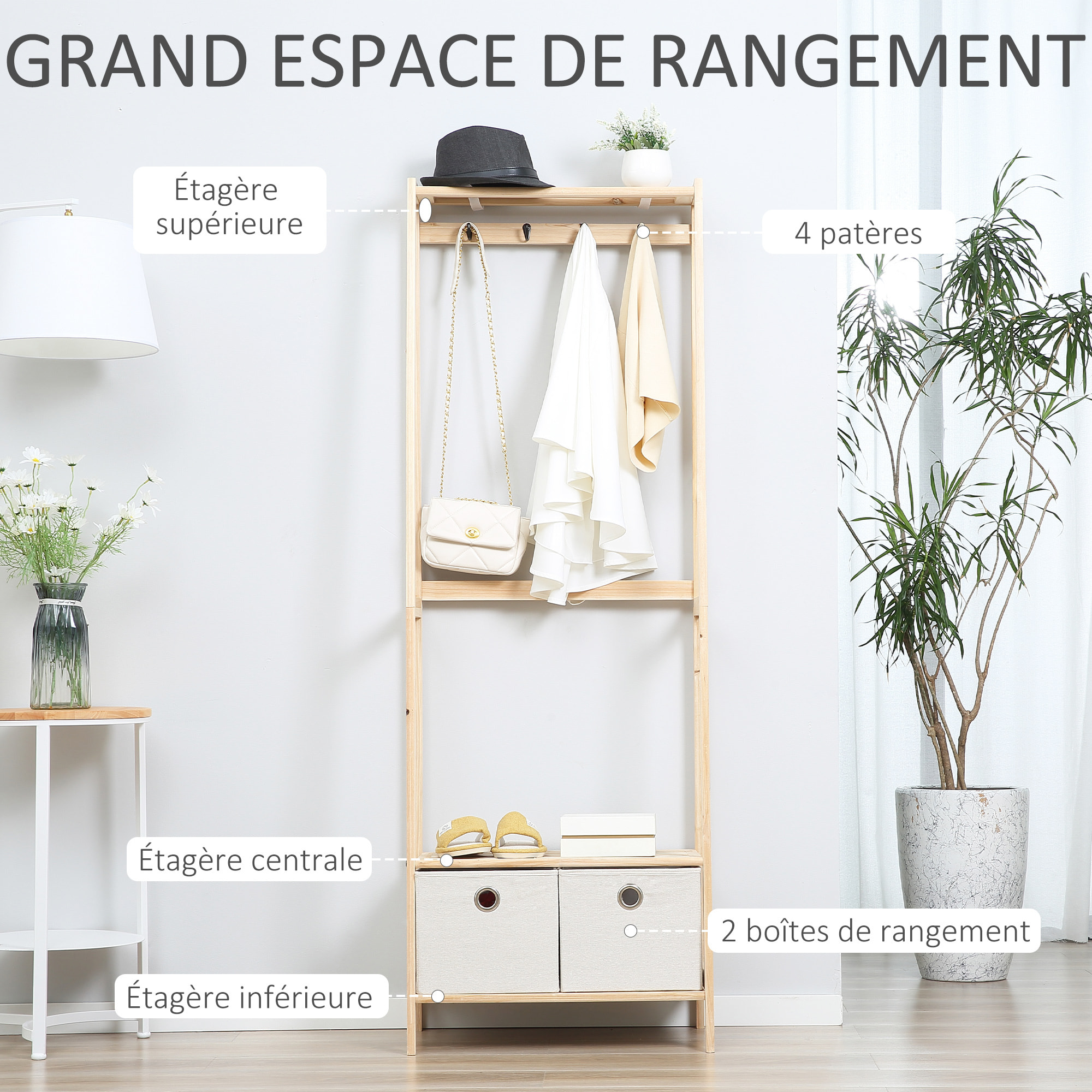 HOMCOM Vestiaire d'entrée porte-manteau 4 patères 2 tiroirs polyester gris clair 2 étagères bois de sapin