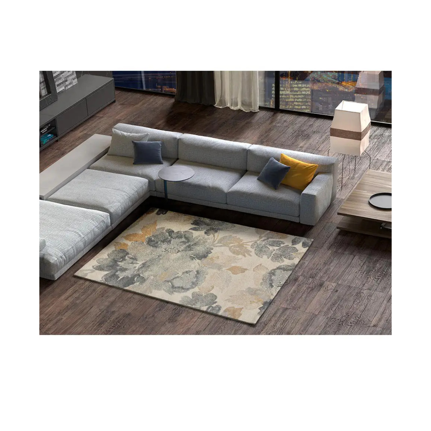 FLORES SUNSET Alfombra motivos florales de pelo corto gris, varias medidas disponibles.