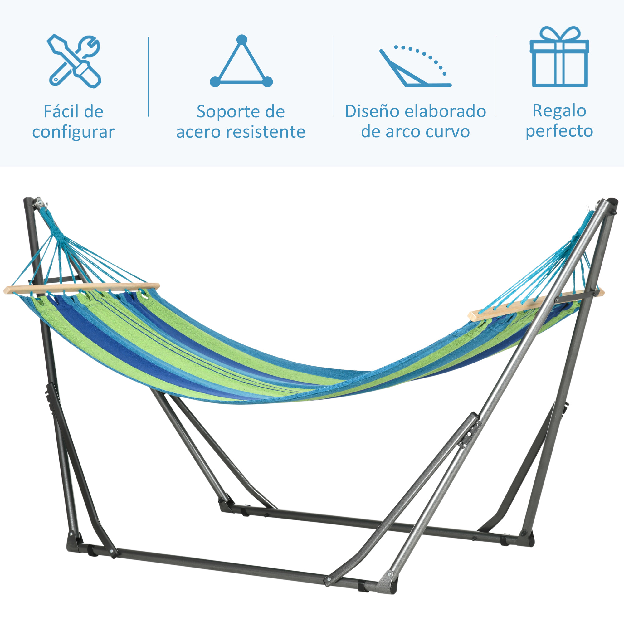 Hamaca con Soporte Plegable 2 en 1, Tendedero con Barra, Estructura de Acero, Hamaca de Camping Portátil de Algodón, Carga 120 kg, para Jardín, Patio, Terraza, 270x100x94 cm, Azul y Verde