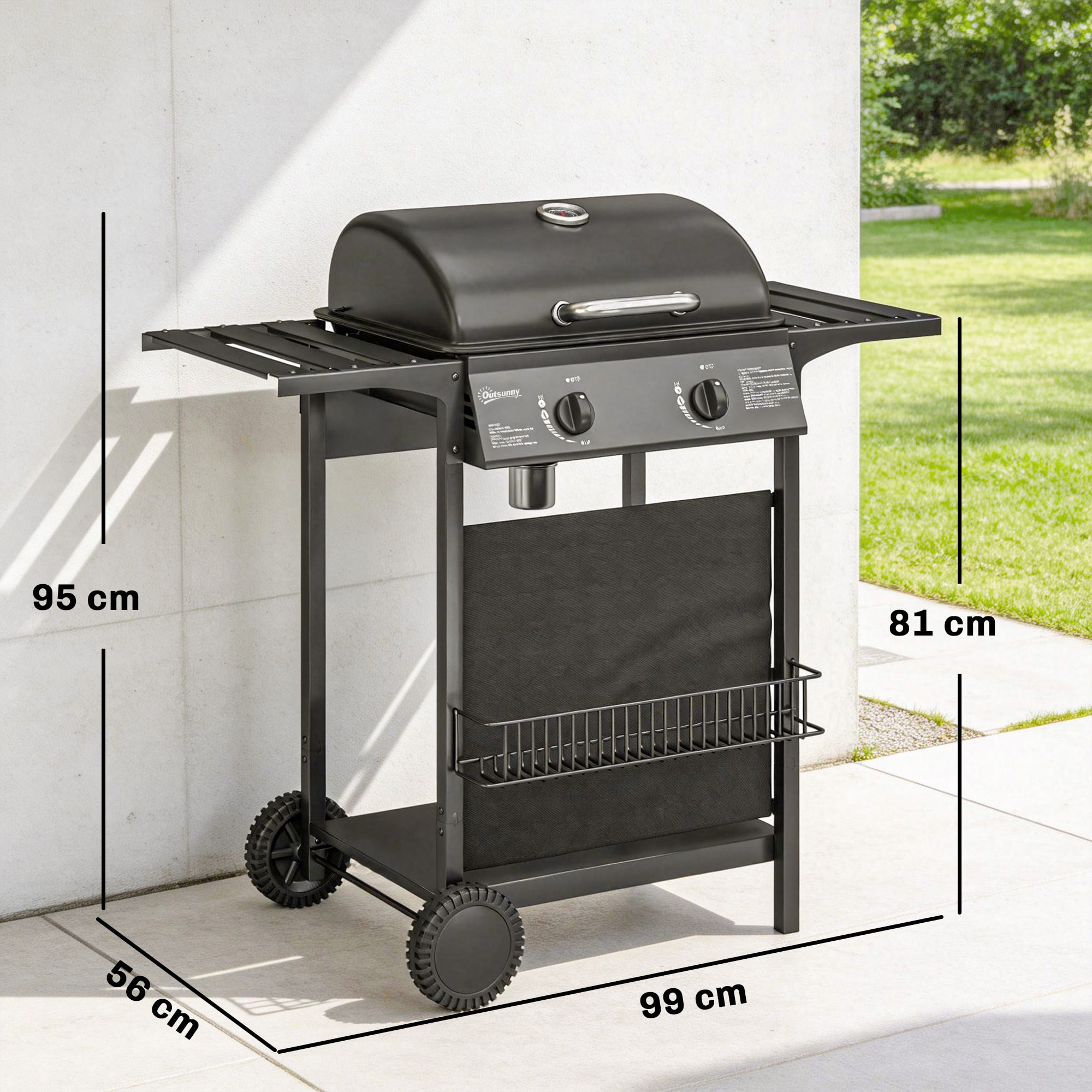 Barbacoa de Gas BBQ Gas con 2 Quemadores 5 kW, Barbacoa Portátil con Termómetro, Mesas Laterales, Estante, Rejilla Calentadora, Encendido Piezoeléctrico, Bandeja de Grasa y 2 Ruedas, Negro