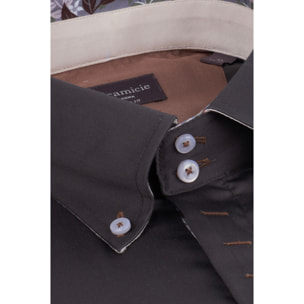 Camicia Uomo 2 Bottoni Button Down Slim Satin Unito Grigio Scuro