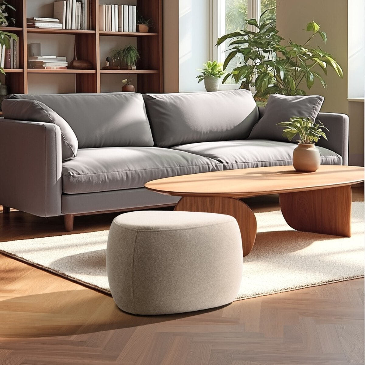 LEOPOLD - Pouf forme galet n°2 en tissu effet velours beige foncé