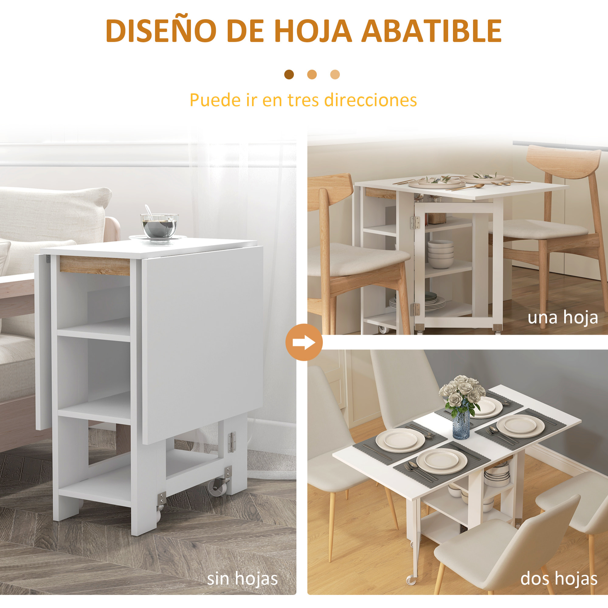 Mesa Plegable con Alas Abatibles Mesa de Comedor Plegable Mesa de Cocina con 2 Ruedas y Estantes Estilo Moderno 120x60x75 cm Blanco