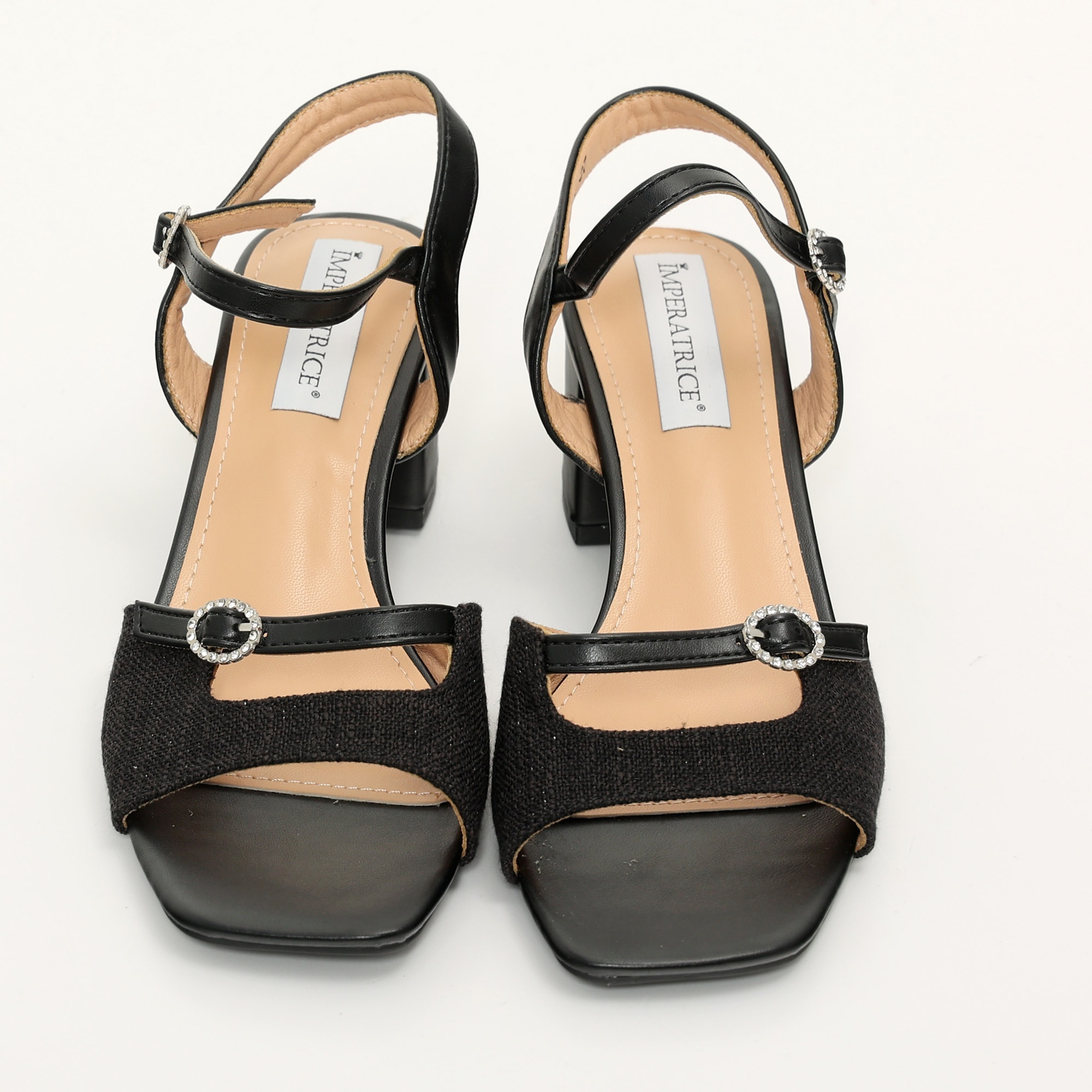 Sandali in simil pelle con tacco comodo e dettaglio cinturino strass