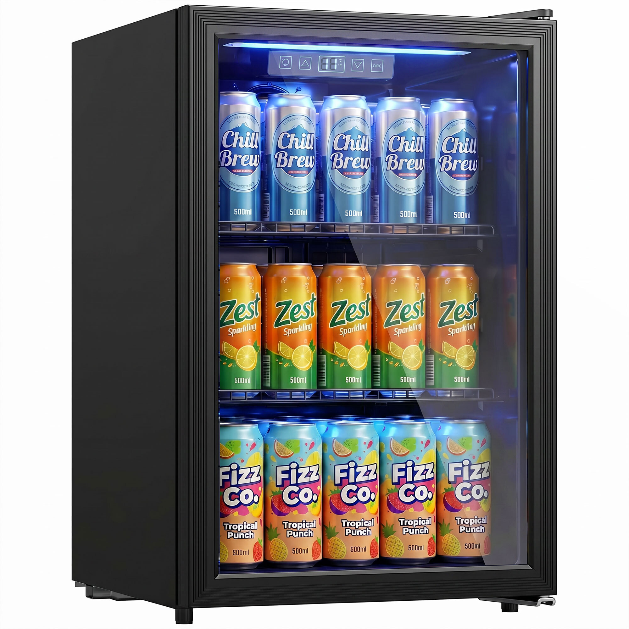 Frigorífico de Bebidas 70 L, Mini Nevera con Puerta de Vidrio Doble, Iluminación LED, 2 Estantes Ajustables, 2-18℃, para 70 Latas, Nevera Pequeña para Refrescos, Cerveza y Vino