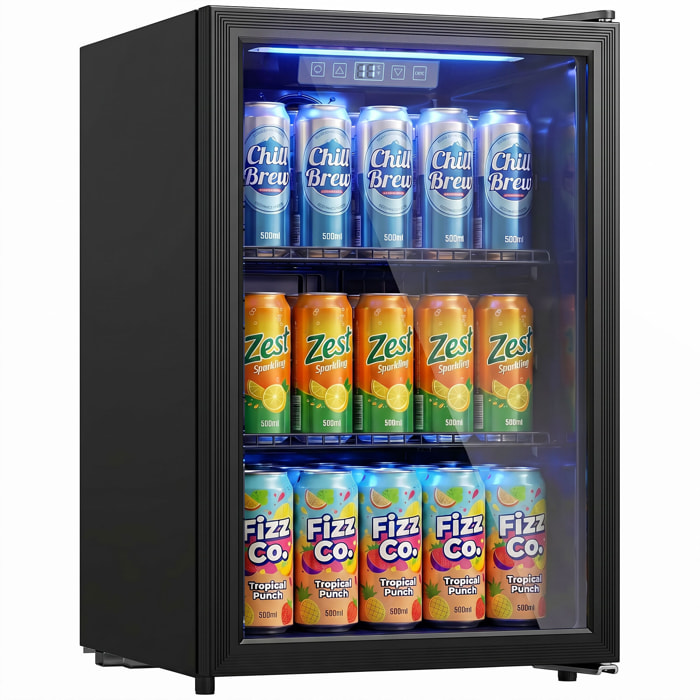 Frigorífico de Bebidas 70 L, Mini Nevera con Puerta de Vidrio Doble, Iluminación LED, 2 Estantes Ajustables, 2-18℃, para 70 Latas, Nevera Pequeña para Refrescos, Cerveza y Vino
