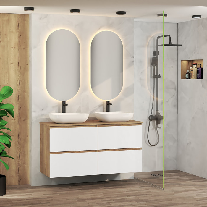CONJUNTO DE BAÑO NIA | MUEBLE SUSPENDIDO | 140 CM BLANCO | CUATRO CAJONES | LAVABO SOBRE ENCIMERA | NO INCLUYE ESPEJO | MUEBLE MONTADO| ALDAY