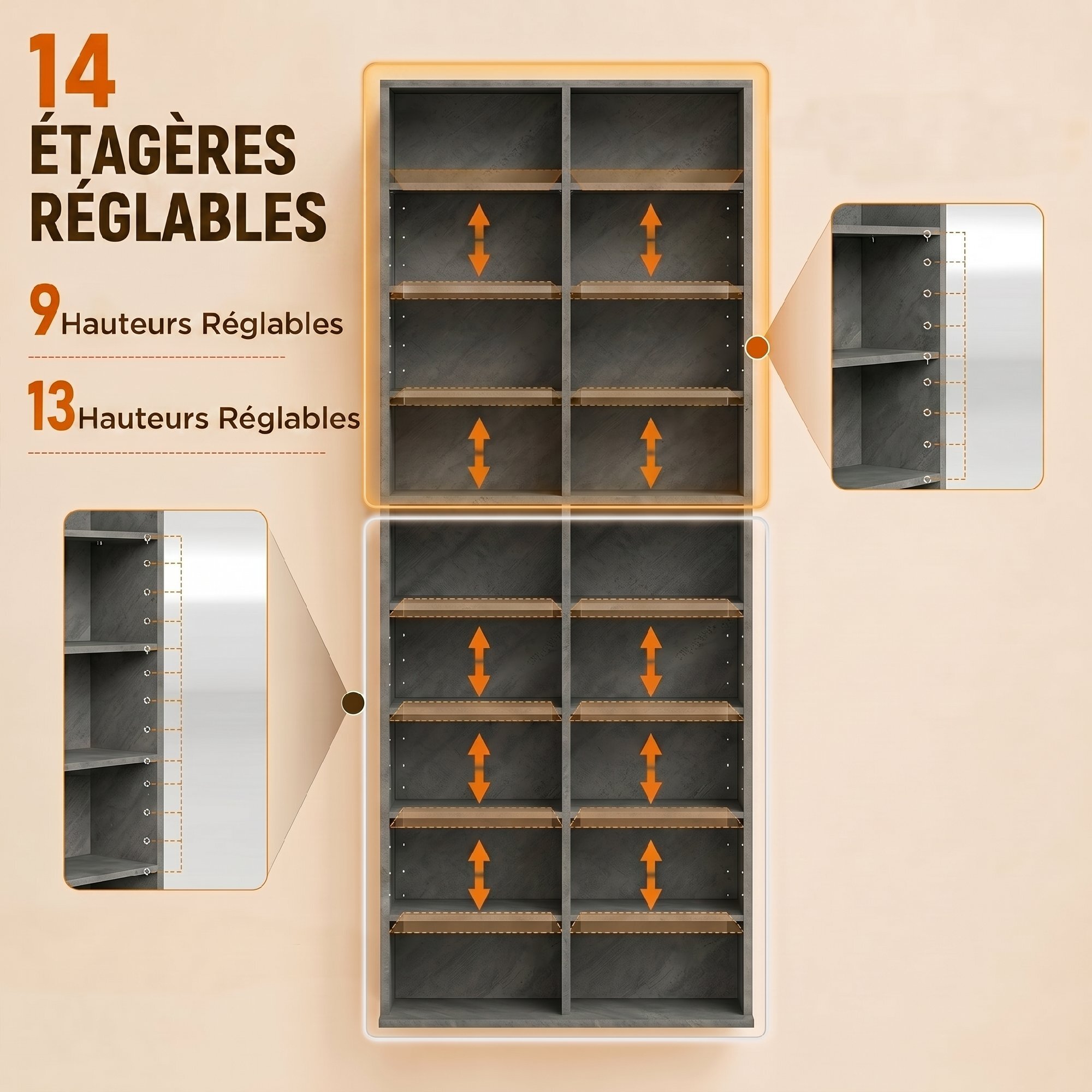 Étagère pour CD et DVD - 18 compartiments, 14 étagères réglables - 78,5x24x175cm - gris