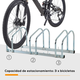 Aparcamiento para 3 Bicicletas Soporte de Acero para Aparcar Bicicletas en el Suelo o Pared Estacionamiento para Interior y Exterior 76x33x27 cm Plata