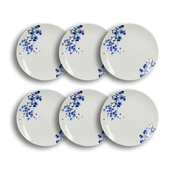 Lot de 6 assiettes à dessert en porcelaine blanc - bleu 19cm CENTAUREE