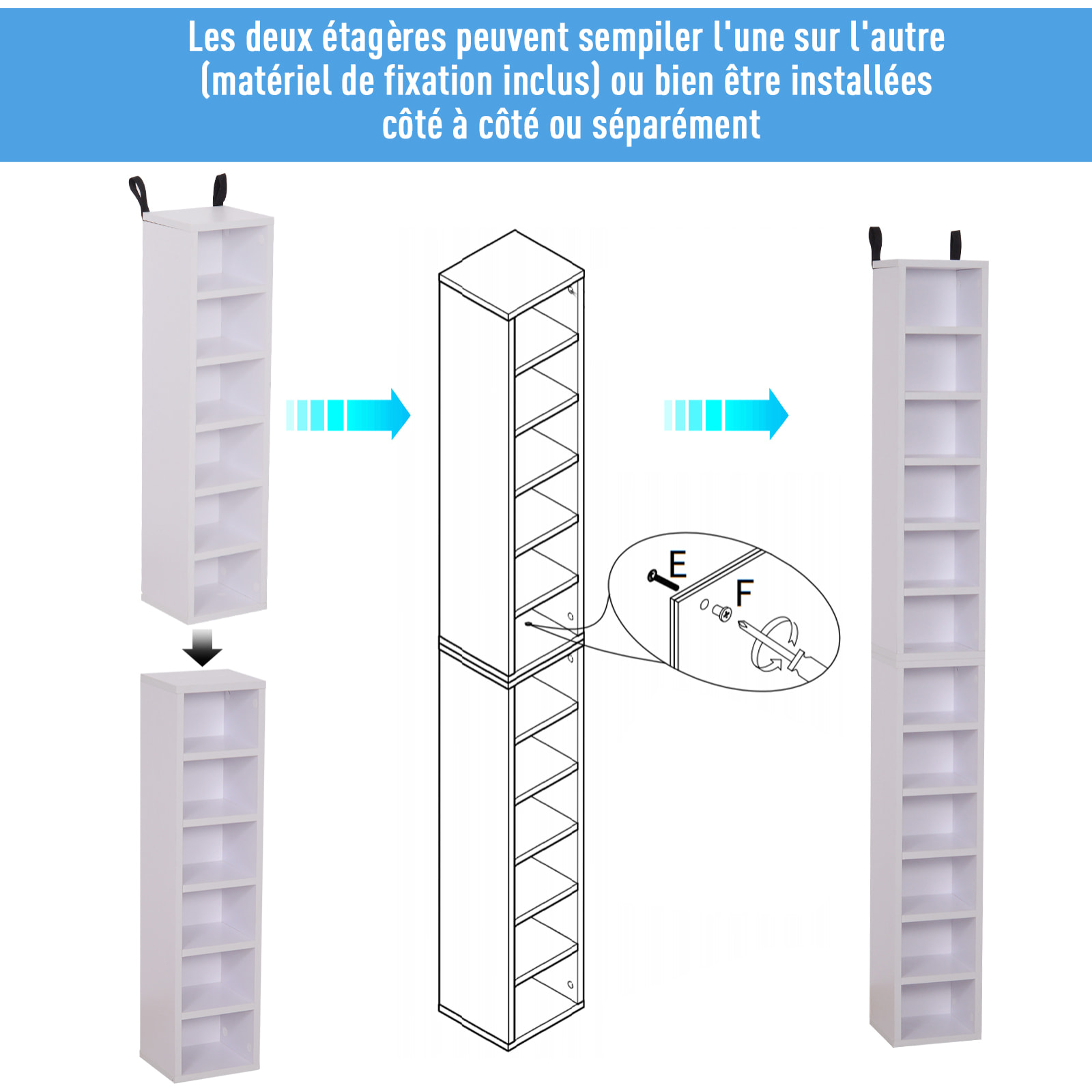 Lot de 2 étagères colonnes armoire de rangement CD-DVD 6 + 6 compartiments dim. 21L x 19l x 88H cm capacité max. 204 CD blanc