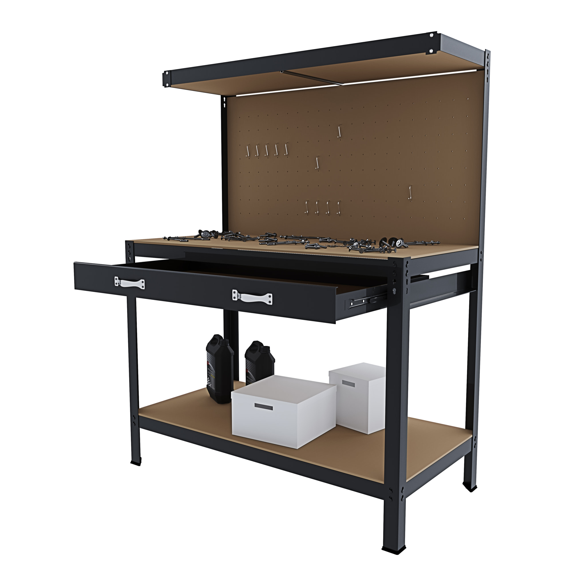 Banco Tavolo Da Lavoro 3 Livelli 120 x 60 Cm Max 370 Kg Cassetto Parete Pannello Forato Porta Attrezzi Utensili Garage Officina Cantina Magazzino Nero