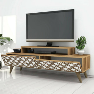 Mobile porta TV Dpierobo, Credenza da soggiorno, Armadio basso per TV, Base parete attrezzata, 140x42h49 cm, Noce e Bianco