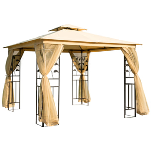 Cenador de Jardín 3x3x2,72 m Gazebo Carpas para Exterior Grandes con Doble Techo Mosquiteras y Marco de Acero para Patio Fiesta Beige