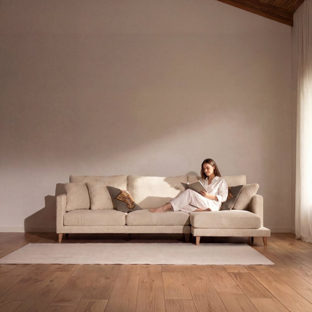 Canapé d'angle Dafne -textile,mousse pu,bois,panneau de particules-couleur beige 275 x 90 x 160 cm