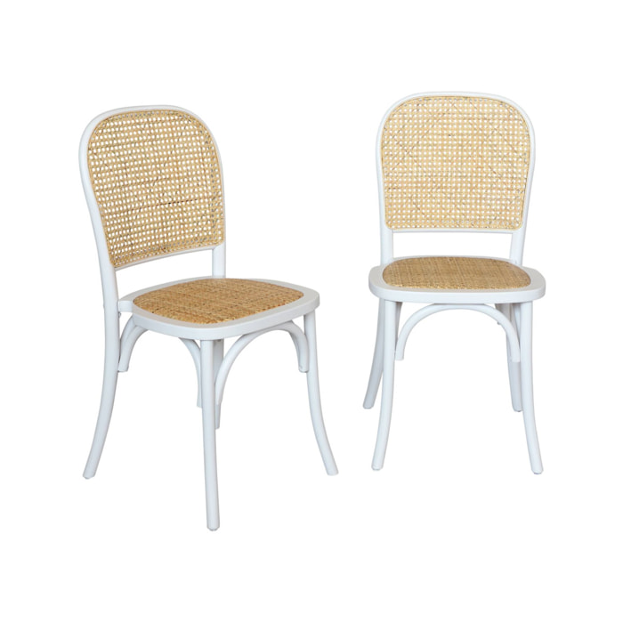 Lot de deux chaises vintage blanches en bois avec assise et dossier en rotin