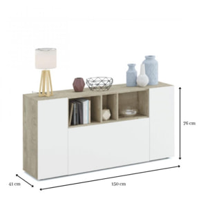 Credenza Paterson, Madia moderna a 3 ante, Buffet da soggiorno con scomparti, Madia da salotto, Mobile Porta TV, cm 150x41h76, Bianco e Rovere