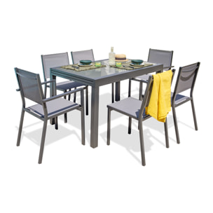 TOLEDE - Ensemble repas 6 places en aluminium anthracite et plateau verre