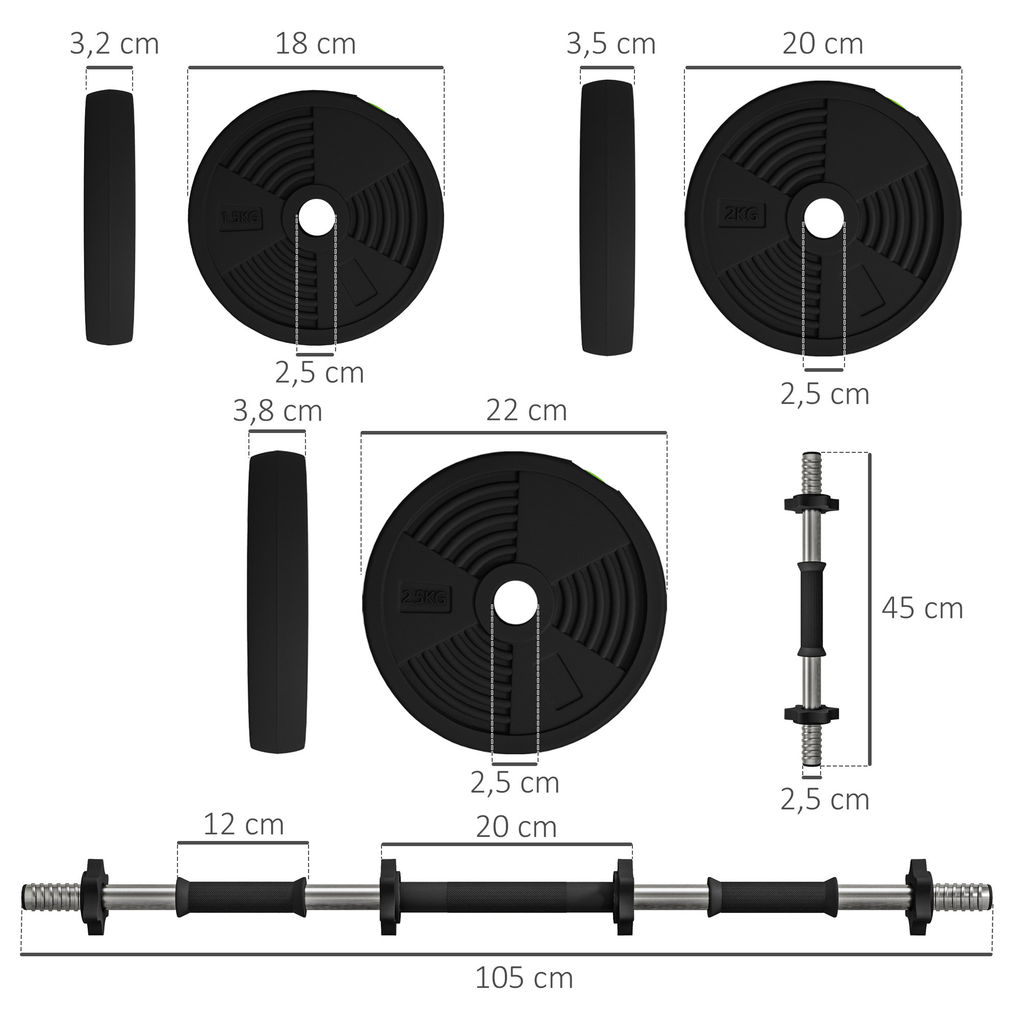 Haltères 2 en 1 réglables - haltères libres 25 Kg - barres incluses - entraînement musculaire & haltérophilie - noir vert