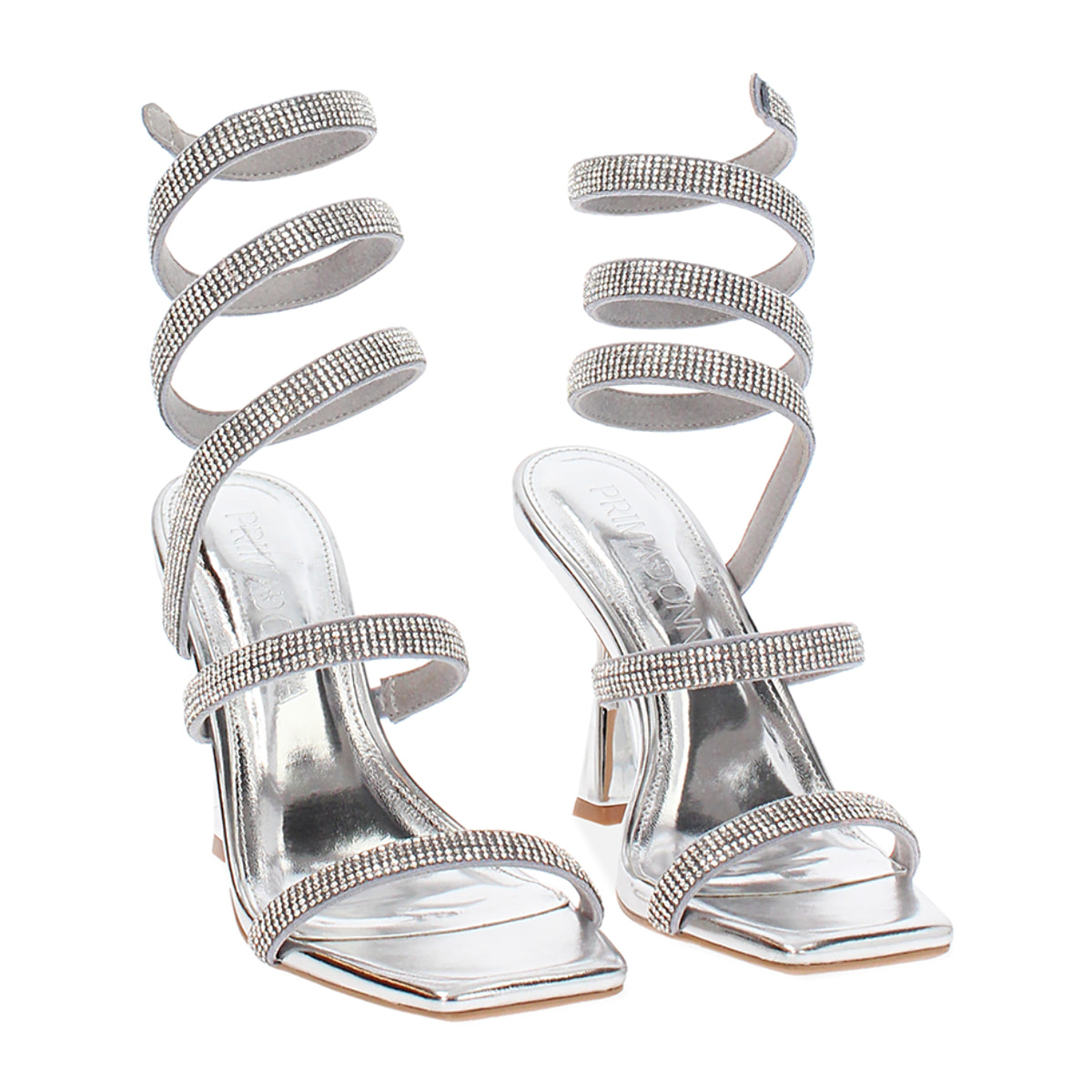 Sandali donna argento in laminato con pietre, tacco 9,5 cm