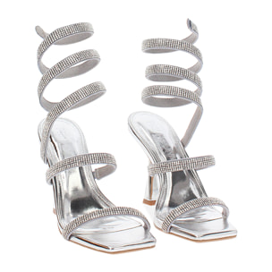 Sandali donna argento in laminato con pietre, tacco 9,5 cm