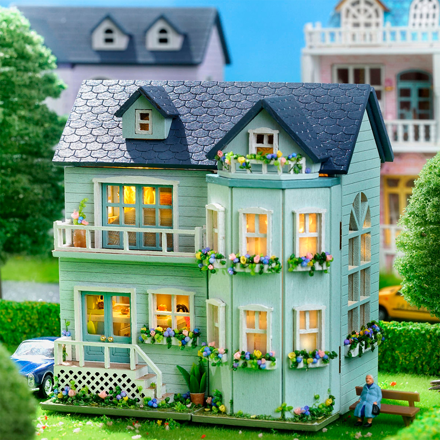 Mansión acogedora. Maqueta 3D con diseño de panel de puerta abierta, realista con gran detalle y luces led.