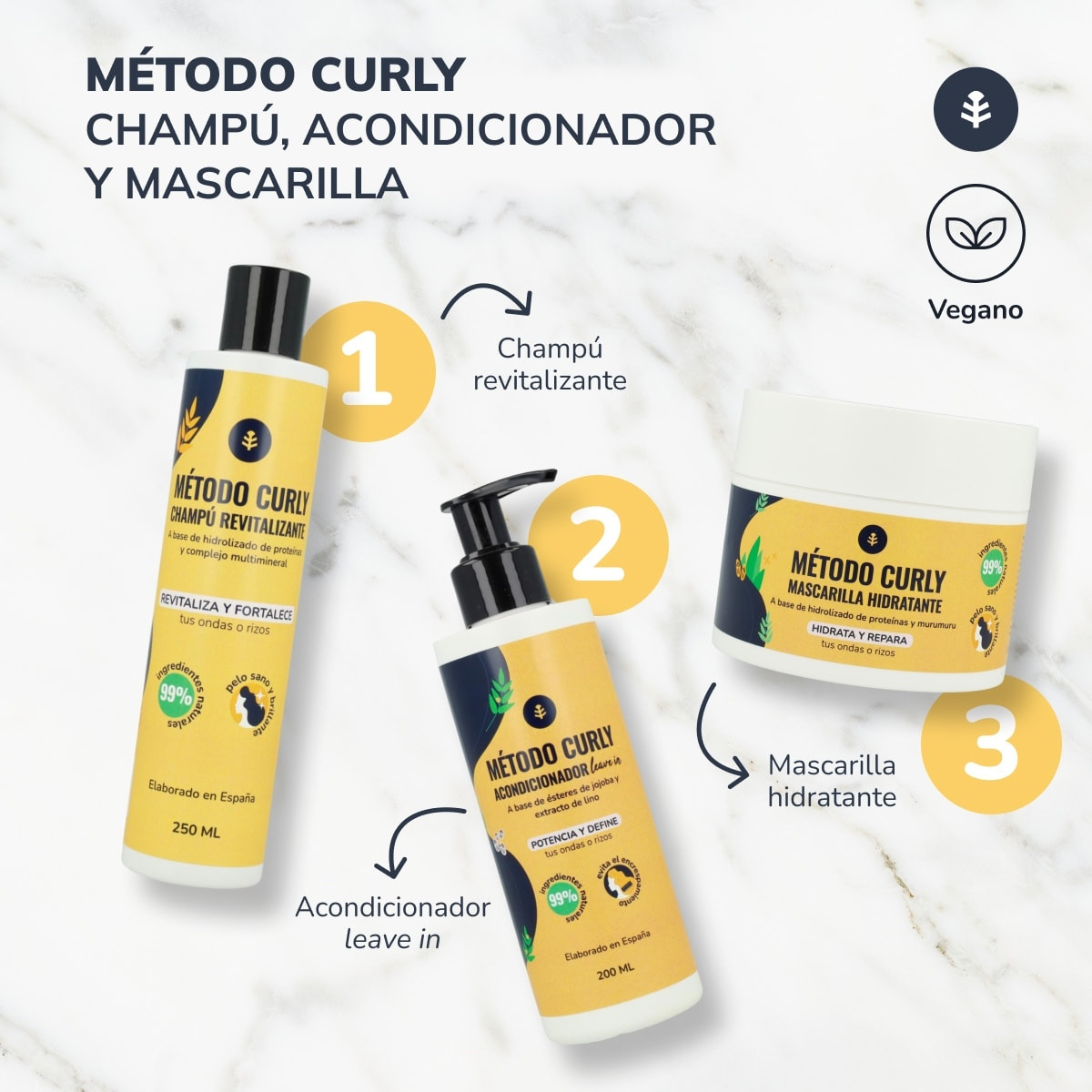 Pack Método Curly Champú, Mascarilla y Acondicionador - Acondicionador Sin Aclarado para Ondas y Rizos - Potente Fórmula Natural con Hidrolizado de Proteínas y Complejo Multimineral