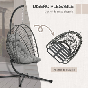 Silla Colgante de Ratán Sillón Colgante Plegable con Cojín Reposacabezas y Marco de Acero Carga 100 kg para Interior y Exterior Gris Oscuro