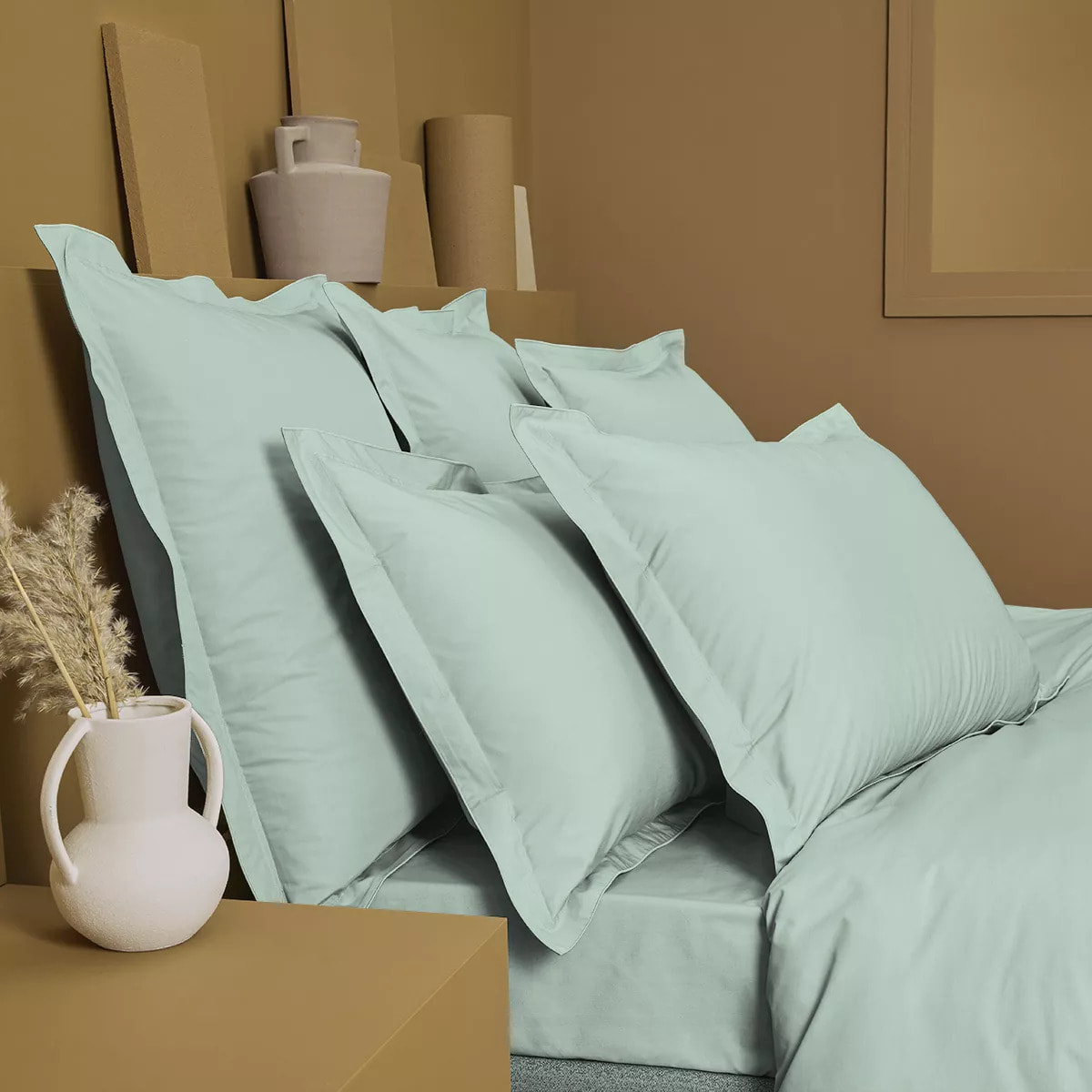 Taie de traversin percale de coton uni bleu vert La percale francaise givre