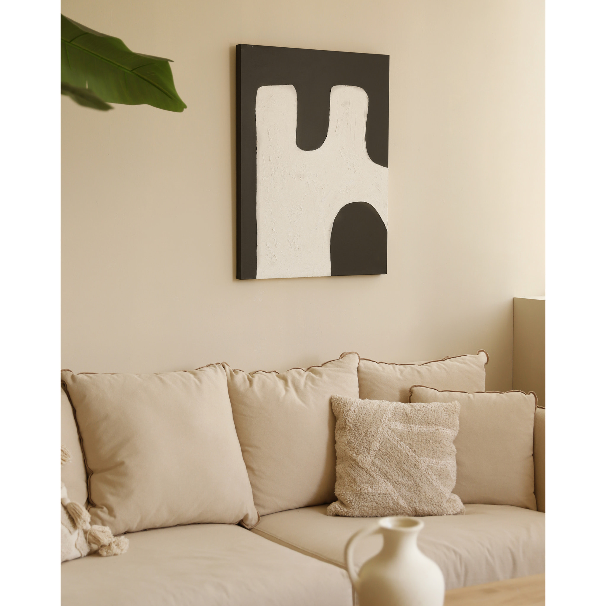 Tableau noir et blanc décoratif sur coton avec cadre en bois peint à la main à la peinture à l'huile en différentes tailles