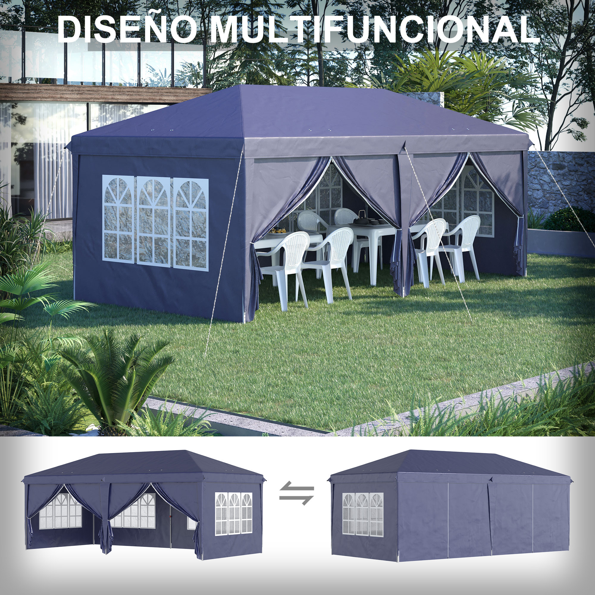 Carpa Plegable 6x3x2,7 m Cenador de Jardín Gazebo Plegable con 4 Paneles 4 Ventanas 2 Puertas con Cremallera 1 Bolsa Anti-UV para Terraza Patio Playa Azul