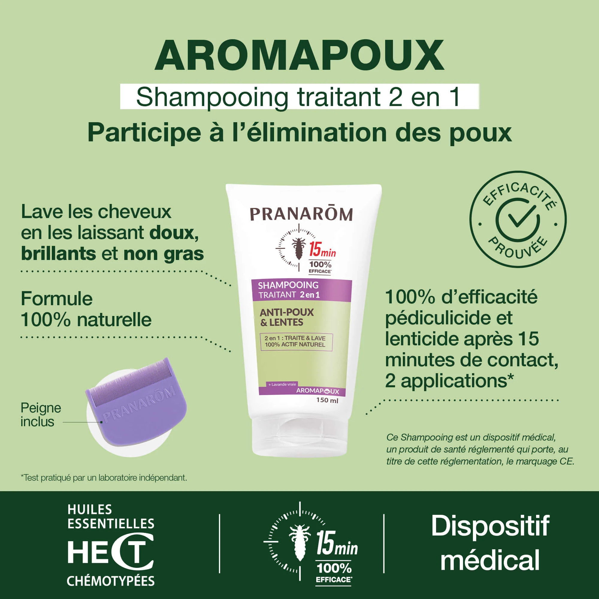 Pranarom - Shampooing traitant 2 en 1 anti-poux et lentes - Dispositif médical - 150 ml