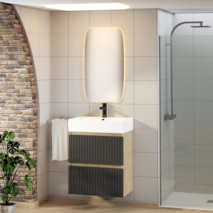 Conjunto de Baño Zel | Mueble Suspendido | 60 cm Negro | Dos Cajones | Lavabo Encastrado | No incluye Espejo | Mueble Montado| Alday