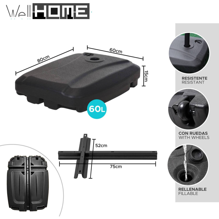 Well home - base de sombrilla resistente y cruz metálica en color negro de 60l