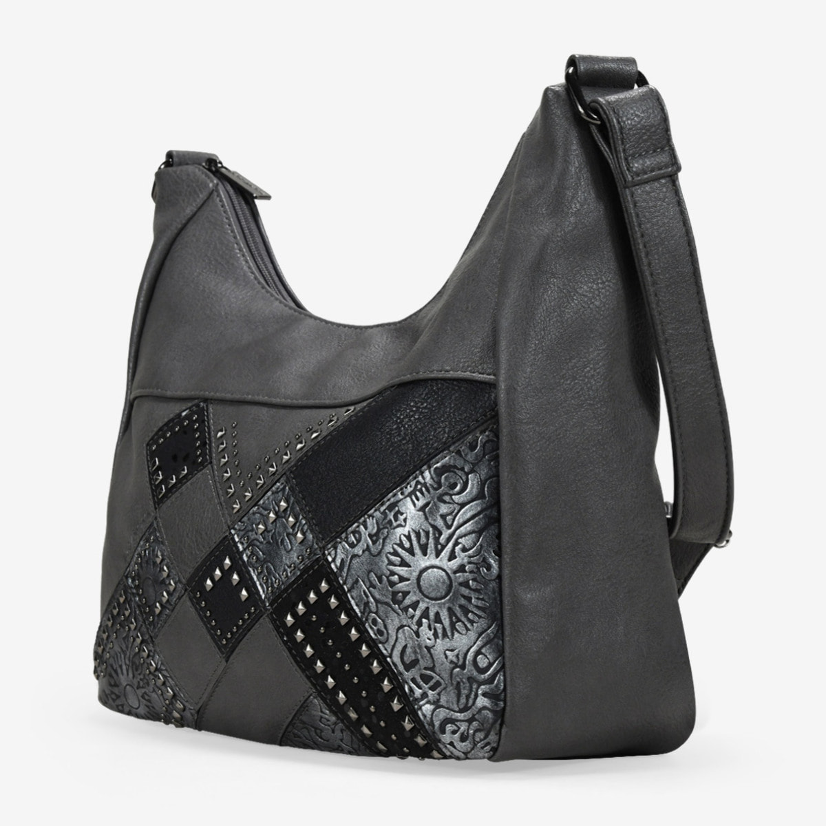 Bolso bandolera gris con tachas metálicas