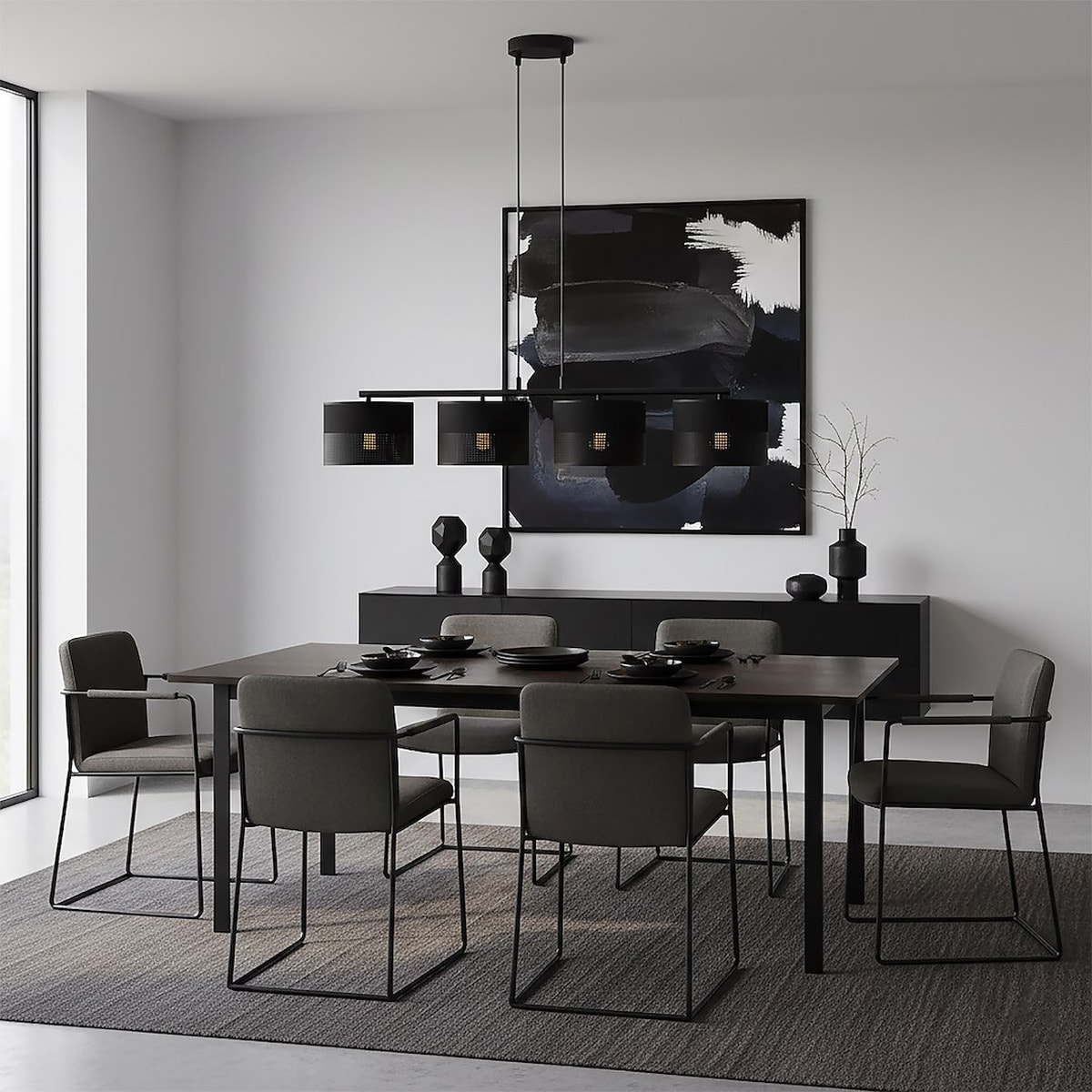 Lampada a sospensione Karbon in acciaio nero con paralumi in tessuto