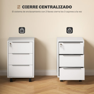 Cajonera de Escritorio con 3 Cajones Cajonera de Oficina con Ruedas Cerradura y 2 Llaves Archivador Móvil para Estudio Salón 40x40x63,5 cm Blanco
