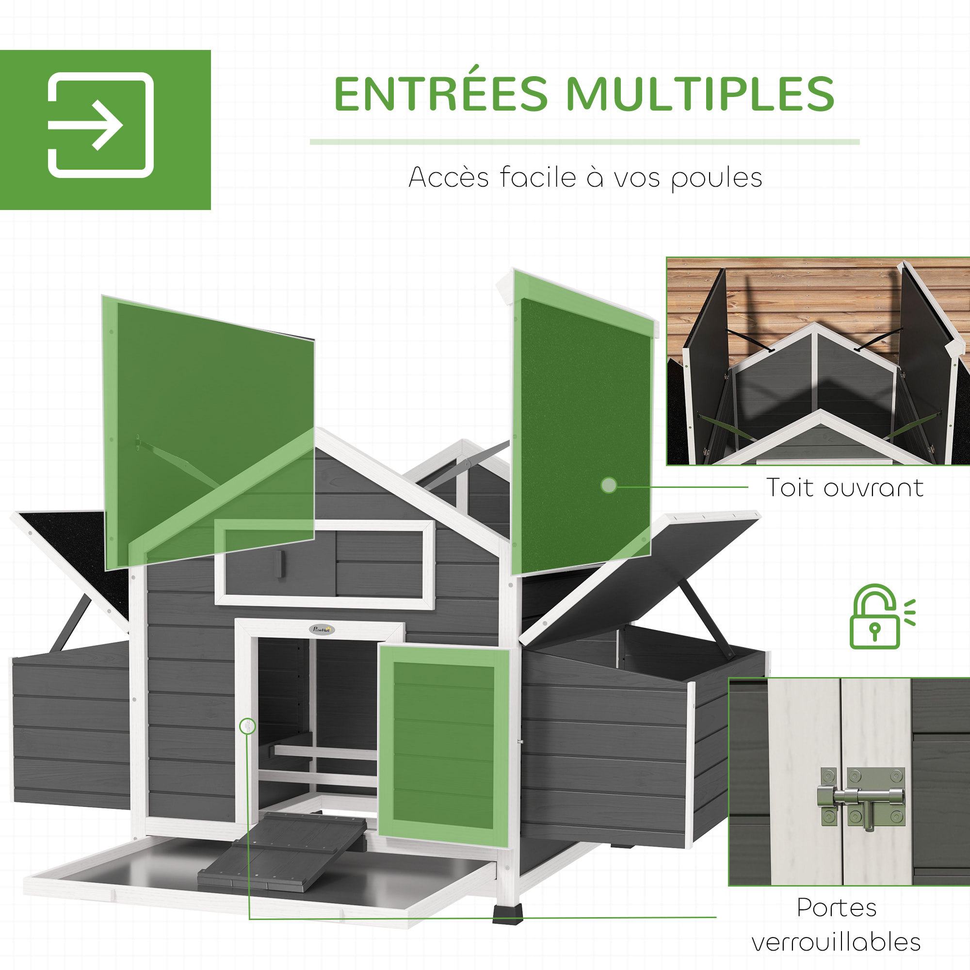 Poulailler cottage sur pied verrouillable toiture intégrale 6 pondoirs 150 x 100 x 96 cm bois gris