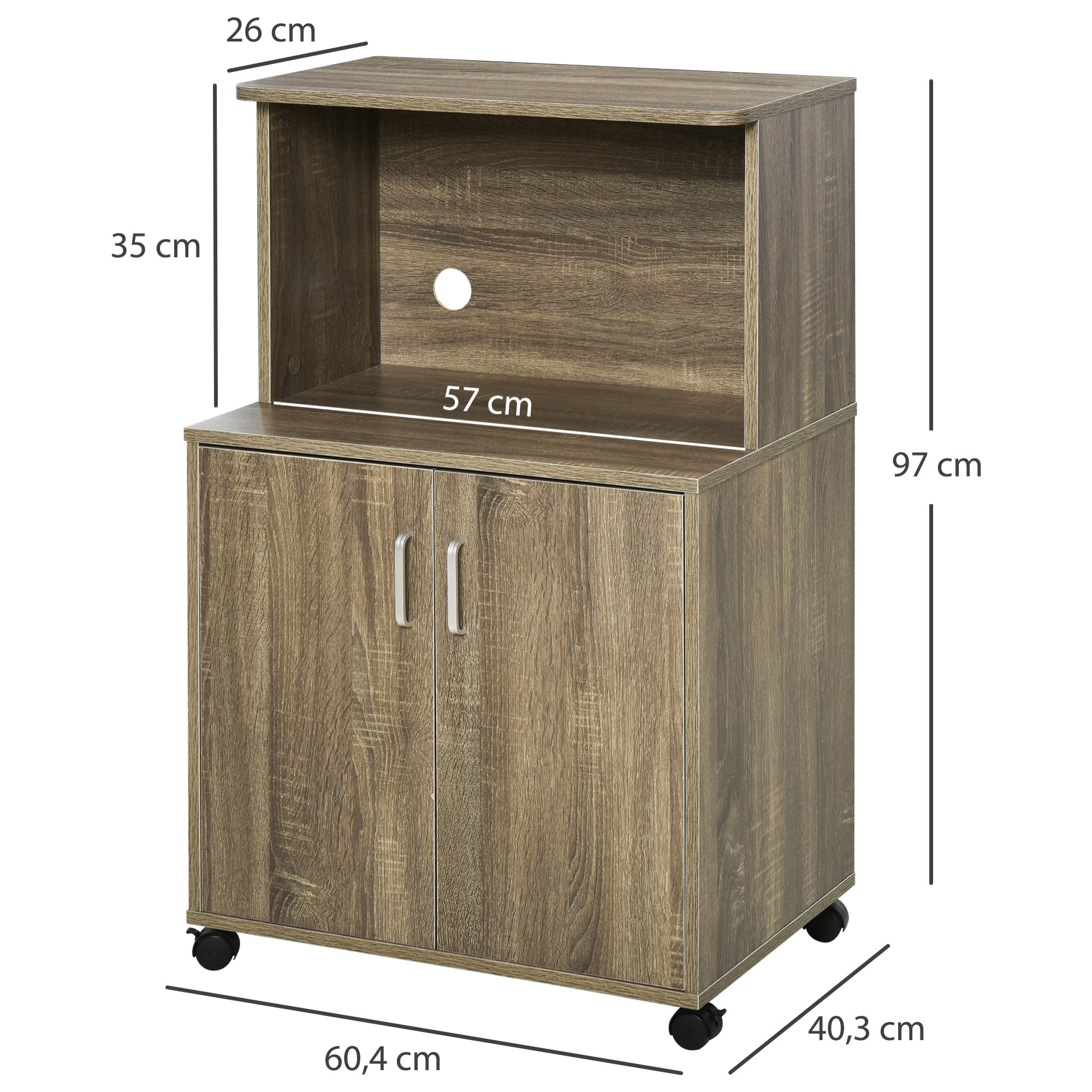 Chariot desserte micro-ondes placard 2 portes - dim. 60,4L x 40,3l x 97H cm - imitation bois