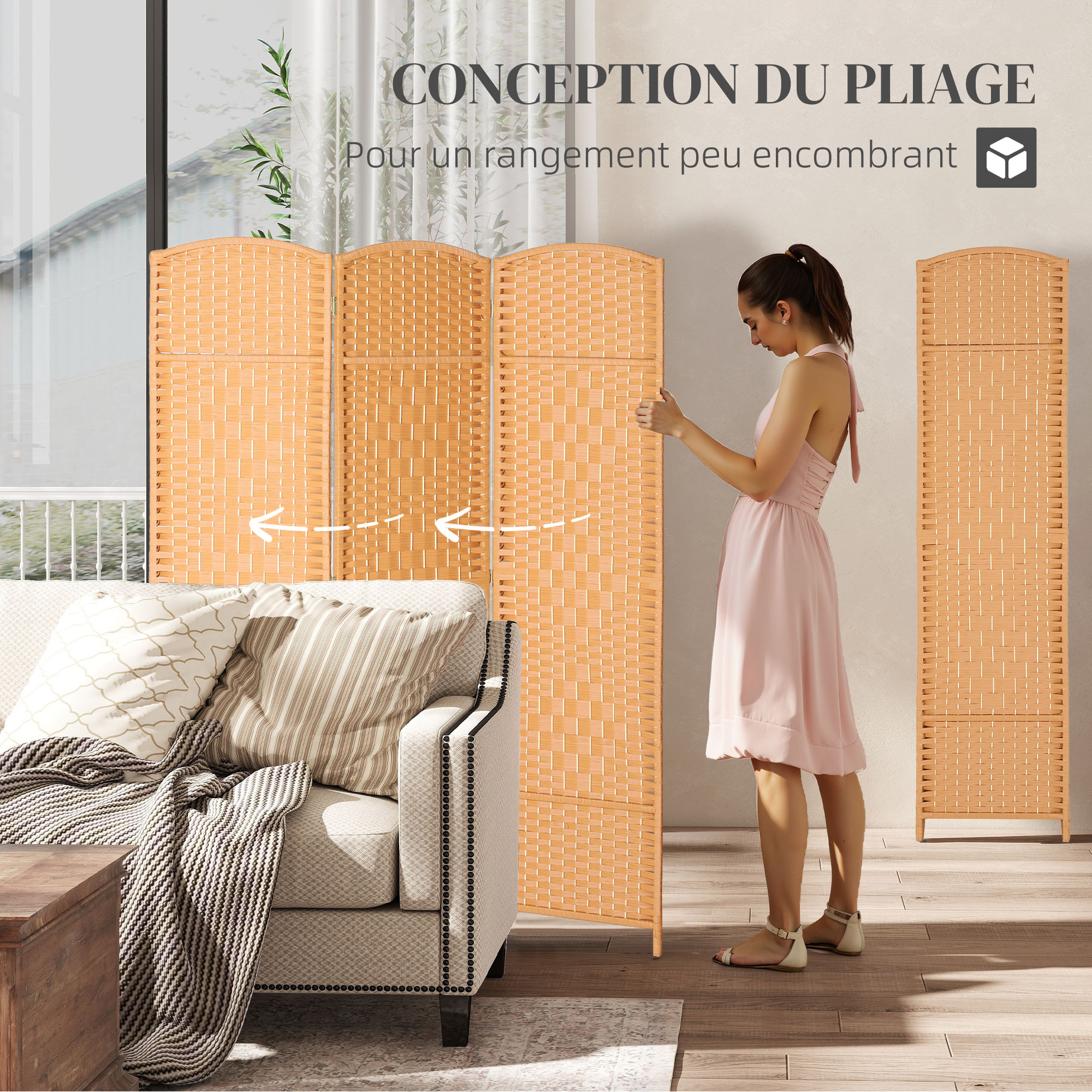 Paravent intérieur 3 panneaux pliables en bois séparateur de pièce style bohème tissé orangé