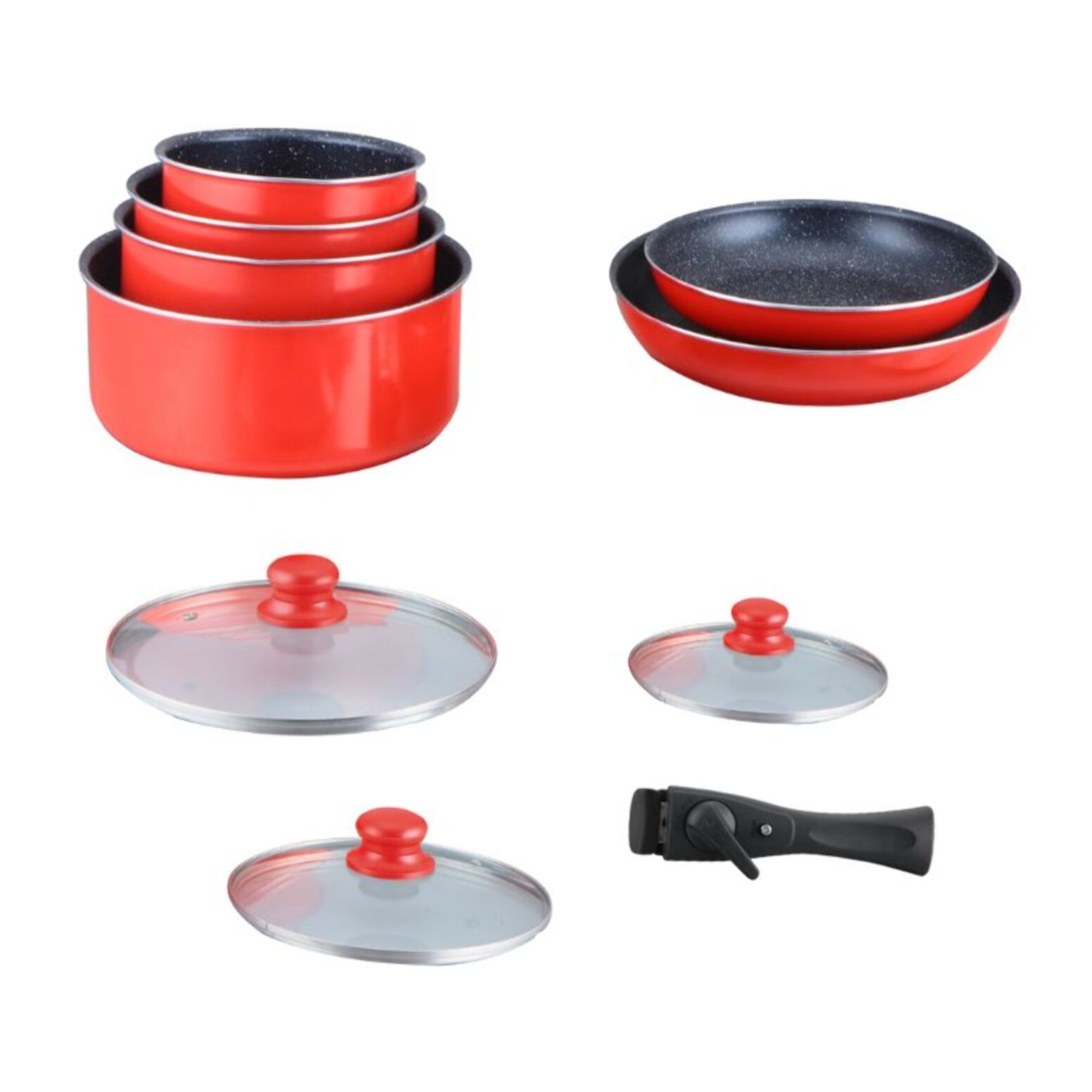 Batterie de cuisine revêtement pierre avec manche amovible 10 pieces rouge Hagen HA04623-RED