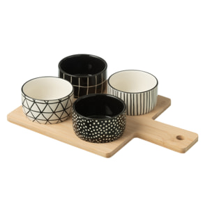 J-Line planche à tapas 4 bols + plateau Bambou - céramique/bois - noir/blanc