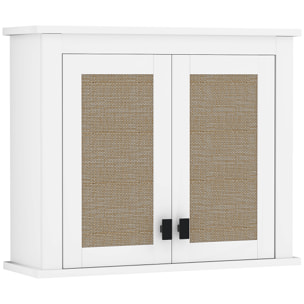 Armario de Pared para Baño Multiusos Mueble de Baño Suspendido Armario Colgante de Almacenamiento con 2 Puertas de Ratán PE Estante Ajustable 60x19,5x49,4 cm Blanco