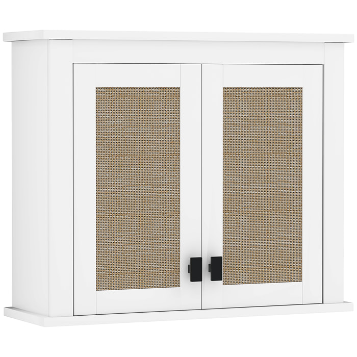 Armario de Pared para Baño Multiusos Mueble de Baño Suspendido Armario Colgante de Almacenamiento con 2 Puertas de Ratán PE Estante Ajustable 60x19,5x49,4 cm Blanco