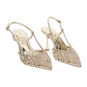 Décolleté slingback donna oro intrecciate, tacco 7,5 cm