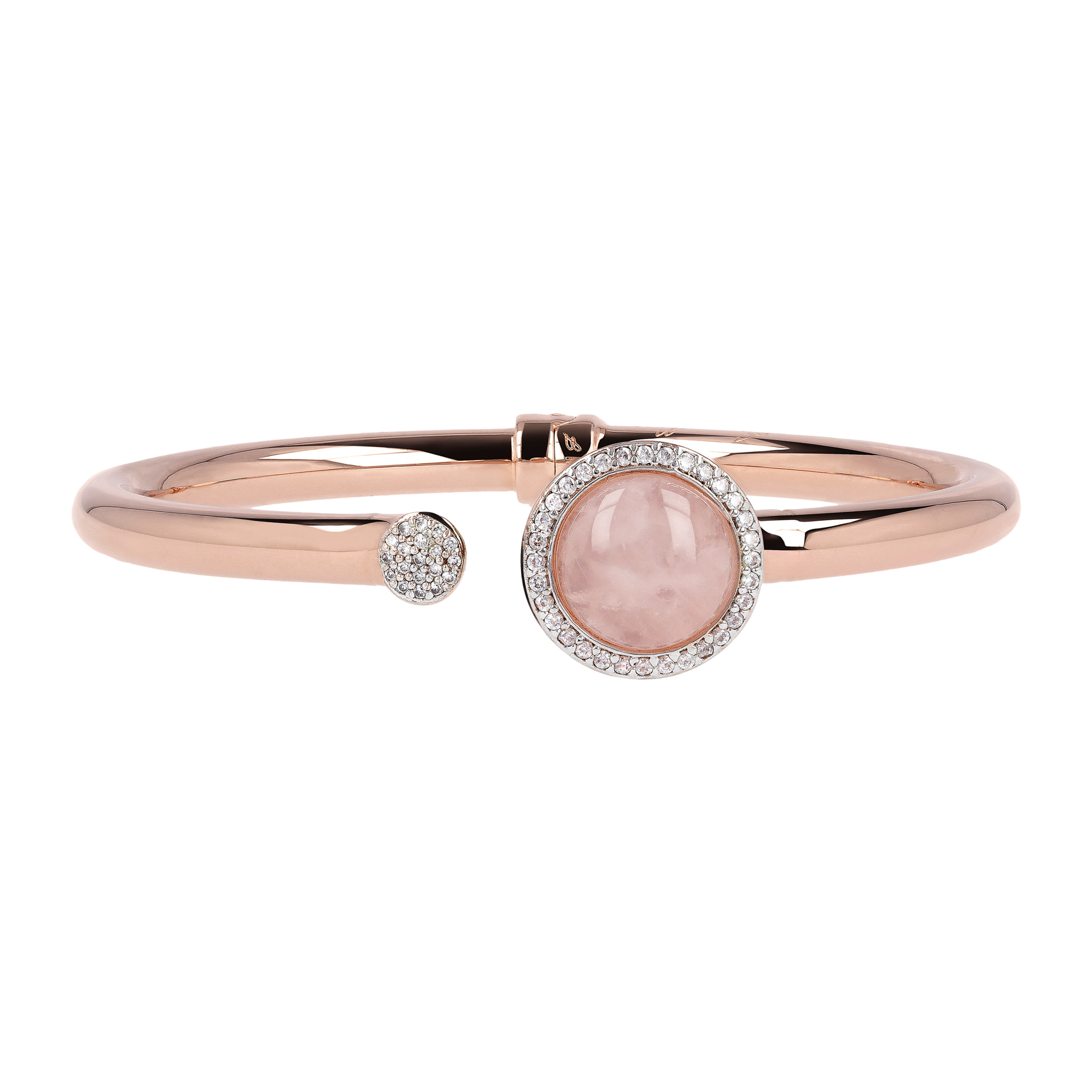 Bracciale Rigido con Pietra Naturale Tonda Quarzo Rosa e Pavé in Cubic Zirconia