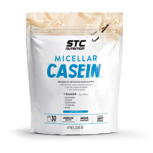 STC NUTRITION – Micellar Casein – Protéines Natives – Développement Muscle Sec – Innovation Brevetée Aminolise 100% Digeste - Sans Colorants, Sans Gluten – Goût Chocolat - 25 Shakers – Doypack 750g - Vanille