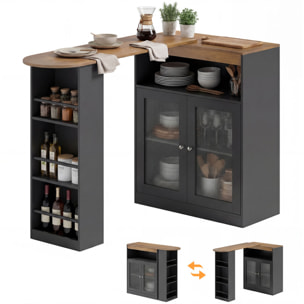 Mesa de Bar Extensible y Giratoria 90°, Mesa Alta Cocina con Estantes Abiertos y 2 Puertas de Vidrio para Comedor, 150x80x105,5 cm, Negro y Natural