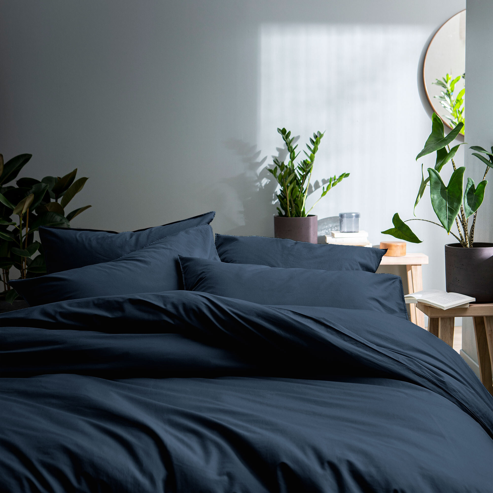 Set de 2 taies d'oreiller unies à volant, COTON LAVÉ