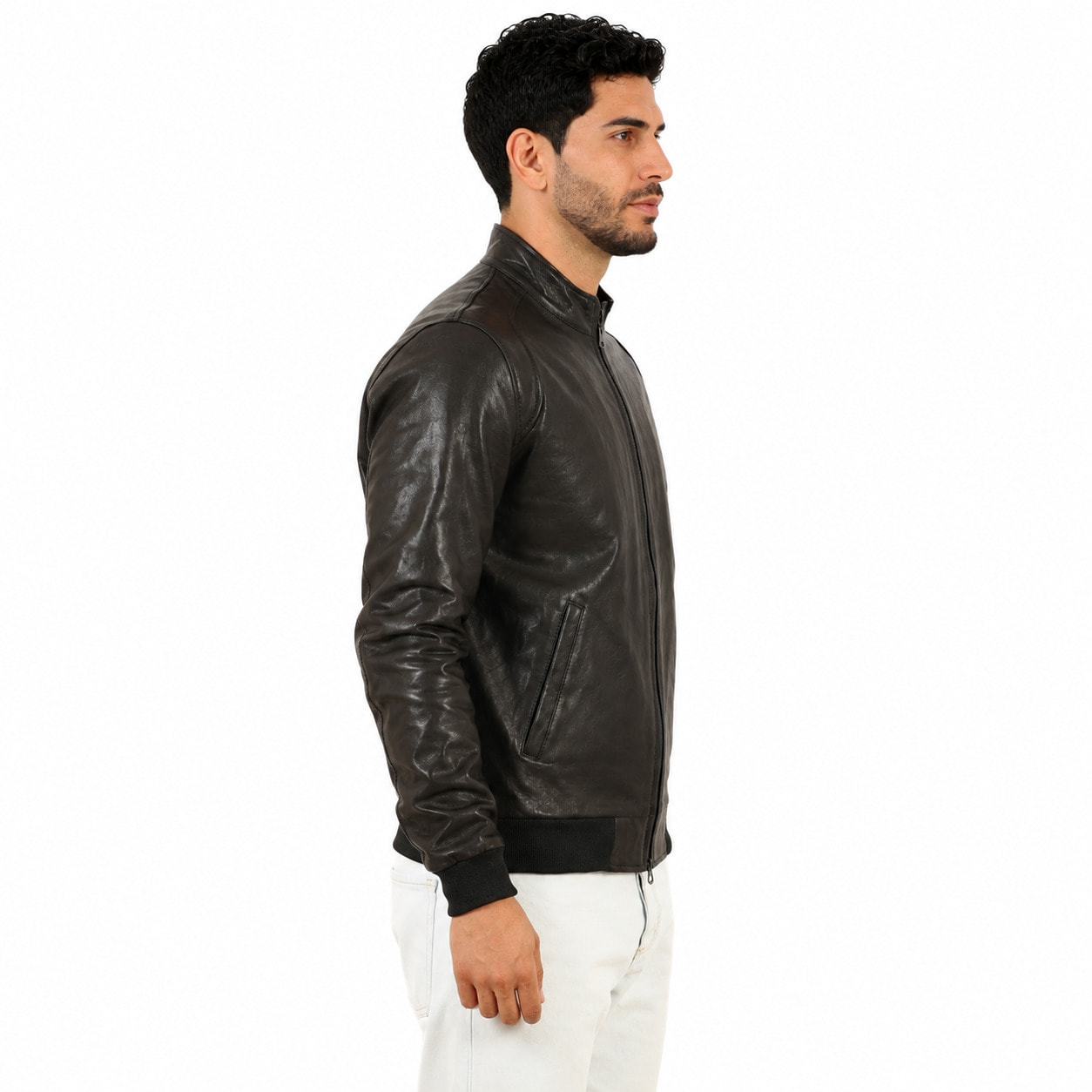 Giubbino in vera pelle di vitello Nero-Slim Fit